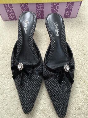 Brighton Black and Gray Tweed Jeweled Kitten Heeled Mules